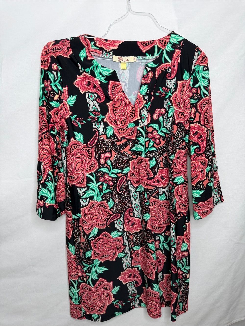 Aryeh Black Floral Long Sleeve Dress with Coral & Mint